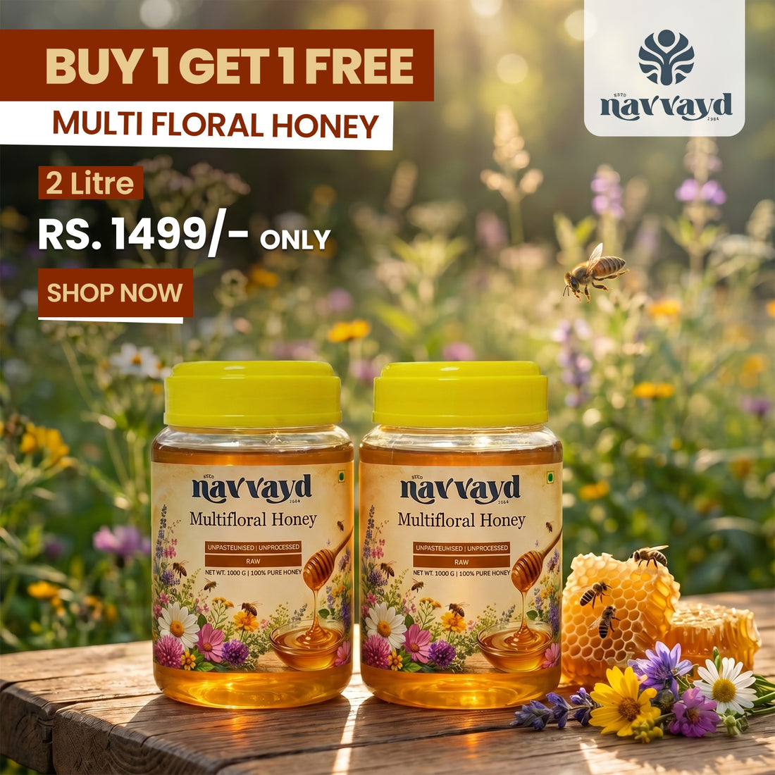 Multifloral Honey 2 Kg  (2 Jars of 1 Kg Each)