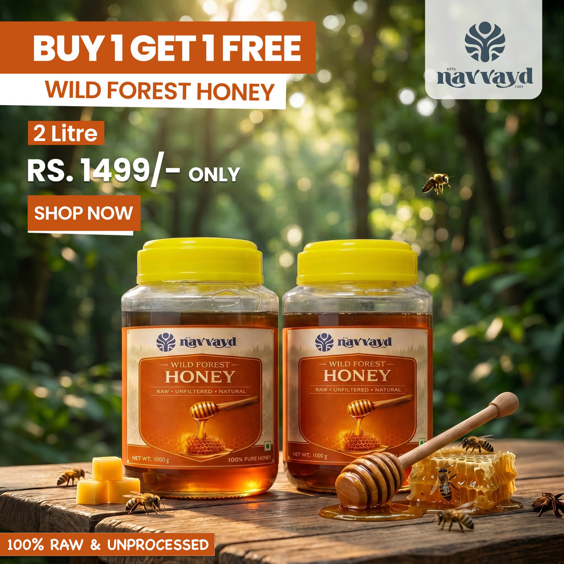 Wild Forest Honey 1 Kg  (2 Jars of 1 Kg Each)