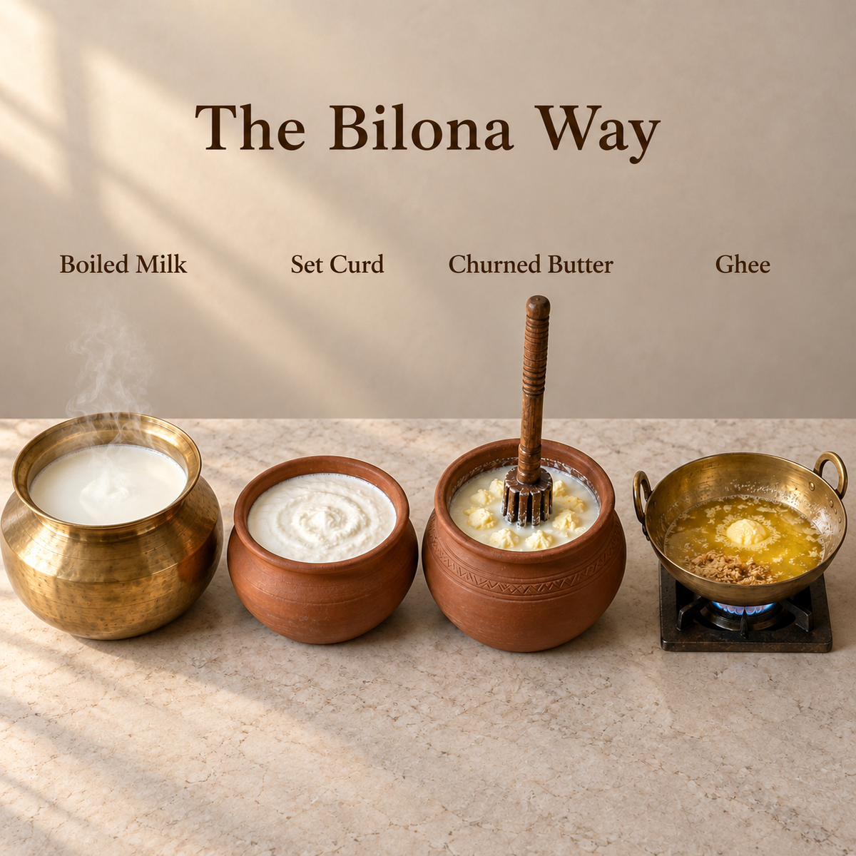 Curd being hand-churned to butter for bilona ghee