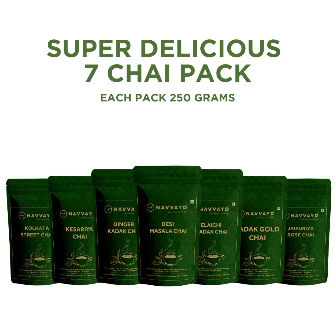 Super Delicious 7 Chai Pack - Jaipuriya Rose, Kolkata Street, Kesariya, Ginger Kadak, Elaichi Kadak, Desi Masala, Kadak Gold